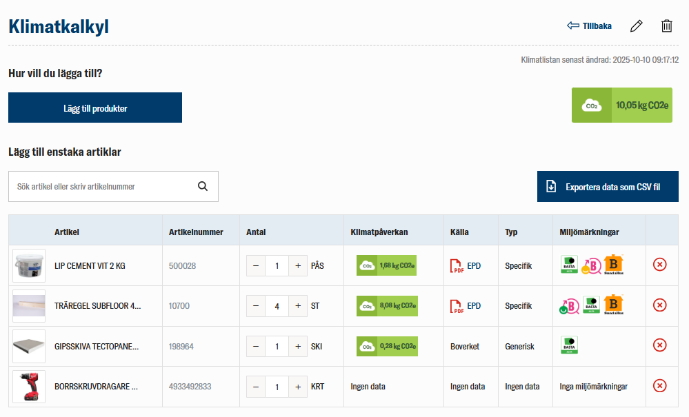Klimatkalkyl hos NA Svensson med byggprodukter, klimatpåverkan och miljödata från EPD och Boverket.