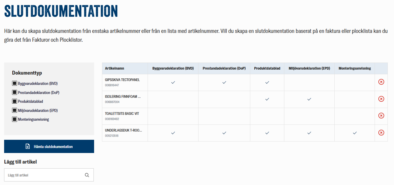 Slutdokumentation hos NA Svensson som visar artiklar, dokumentation och EPD-information.