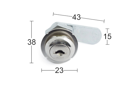 Cylinderlås med måttangivelser: 38 mm höjd, 23 mm bredd, 43 mm djup och en låsarm på 15 mm.