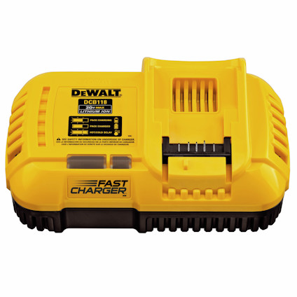Gul DeWalt DCB118 snabbladdare för 18V batterier med svart text och ventilationsöppningar.