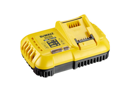 Gul batteriladdare med DeWalt-logotyp och indikatorlampor på ovansidan.