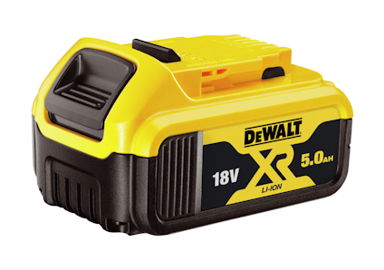 Gult och svart batteri med texten "DEWALT 18V XR Li-Ion 5.0AH".