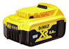 Gult och svart Li-Ion-batteri från DeWalt, 18V, 5.0Ah, med batteriindikator.