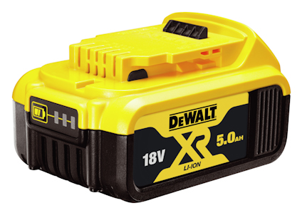 Gult och svart Li-Ion-batteri från DeWalt, 18V, 5.0Ah, med batteriindikator.