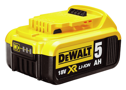 Gul och svart DeWalt 18V XR Li-Ion batteri med 5 Ah kapacitet, batterikontakt på ovansidan.