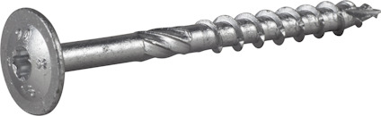 En lång metallskruv med en stor platt skalle och gängad kropp. Skruven har en spiralformad design.