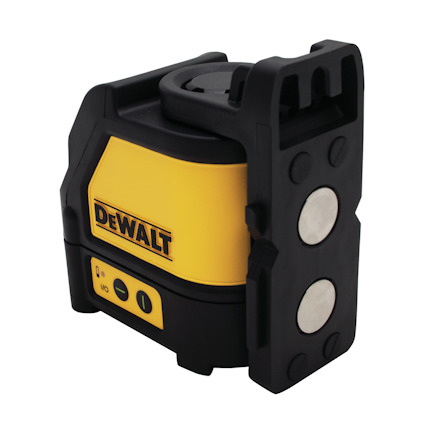 Gul och svart laserverktyg med märket "DeWalt", två magneter på sidan och knappar på framsidan.