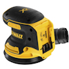 Sladdlös excenterslipmaskin i gult och svart med texten "DEWALT" och "Brushless" på sidan.