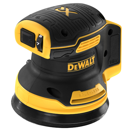 Sladdlös slipmaskin i svart och gult med märket DEWALT, 18V och borstlös motor.