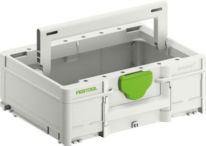 Vit verktygslåda med grönt lås, bärhandtag och märkning "SYSTAINER" samt "FESTOOL".