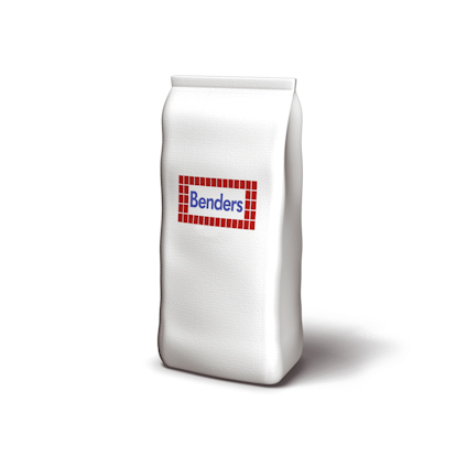 Vit förpackning med texten "Benders" mot röd bakgrund.