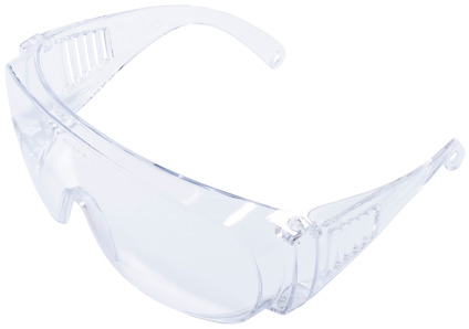 Skyddsglasögon med klar lins och transparenta bågar, synlig ventilation på skalmarna.