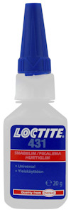 Loctite 431-flaska med blå kork och etikett med text på flera språk, inklusive "SNABBLIM" och "20 g".