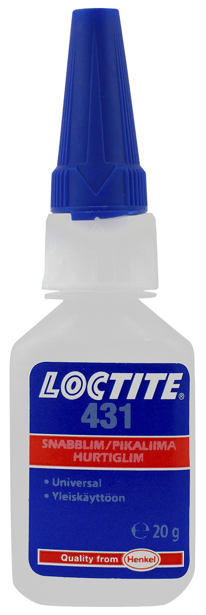 Loctite 431-flaska med blå kork och etikett med text på flera språk, inklusive "SNABBLIM" och "20 g".