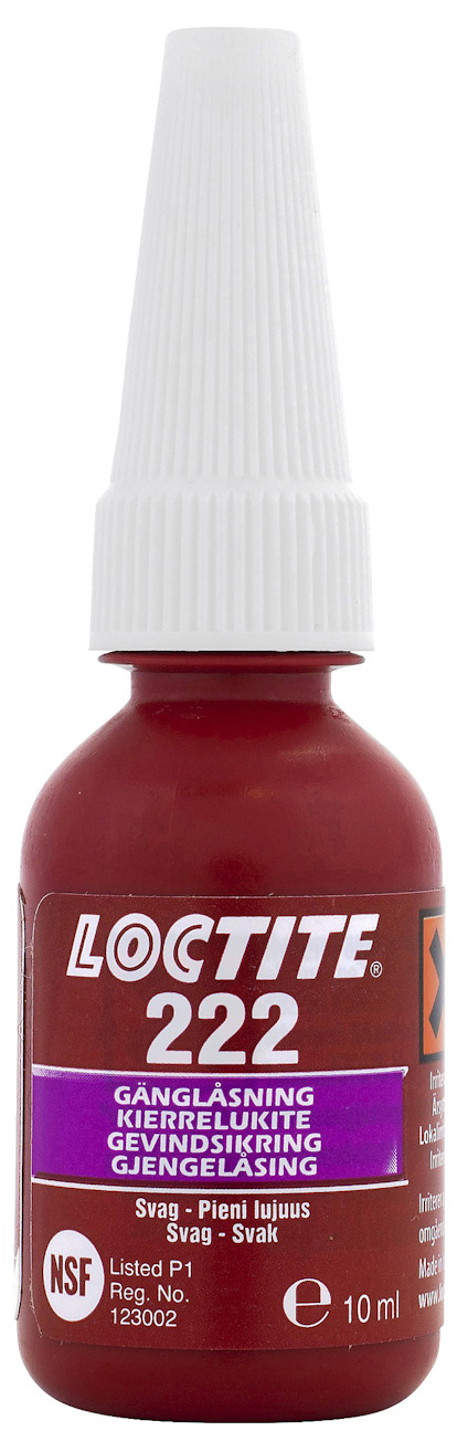 Röd Loctite 222 flaska med vit kork och etikett med text, inklusive "GÄNGLÅSNING" och "10 ml".