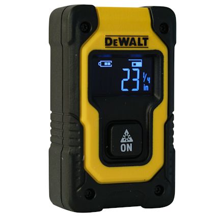 Dewalt avståndsmätare med gummerade kanter, gul och svart design, digital display som visar "23 1/4 in", samt en stor ON-knapp.