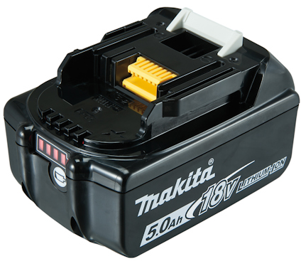 Svart Makita 18V 5.0 Ah litiumjonbatteri med indikator och vitt handtag.