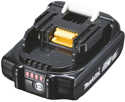 Svart Makita-batteri med gul kontakt, vit låsflik och laddningsindikator. Texten "18V LXT 2.0Ah" syns på sidan.