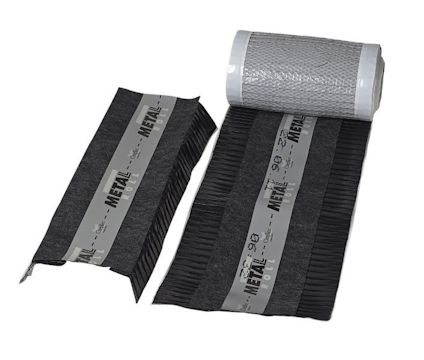 Svart nockband rullat och utrullat, med silverfärgade sektioner och texten "METALROLL" synlig på ytan.