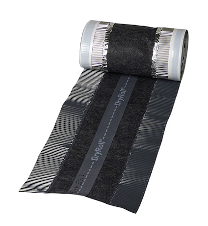 Svart nockband av material som liknar textil och metall, med texten "DryRoll" tryckt längs mitten.