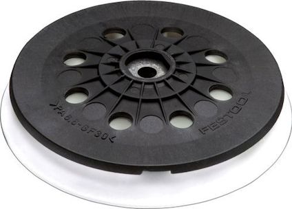 Rund slipplatta i svart plast med flera cirkulära hål och vit undersida. Märkt med "Festool".