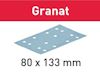 Sandpapper med perforerade hål, texten "Granat" ovanför, dimensionerna "80 x 133 mm" under.