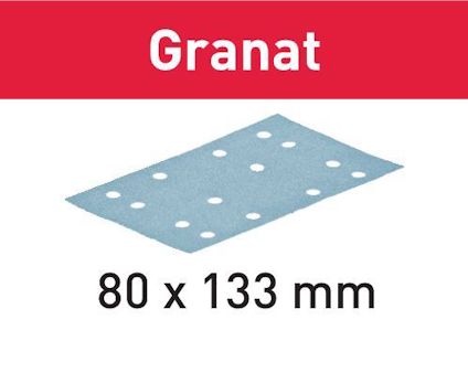 Sandpapper med perforerade hål, texten "Granat" ovanför, dimensionerna "80 x 133 mm" under.
