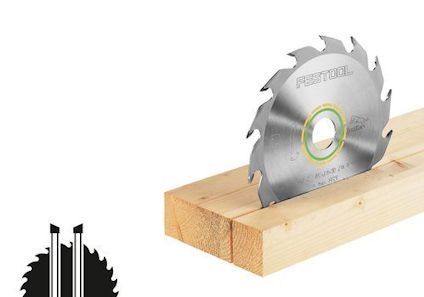 Sågklinga monterad i ett trästycke, med texten "FESTOOL" på klingan. Visar en grafik av klingans profil i nedre vänstra hörnet.