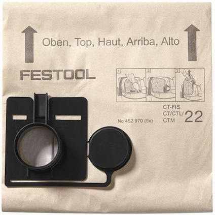 Filtersäck med Festool-logga, instruktioner och text "Oben, Top, Haut, Arriba, Alto" tryckt på ytan.