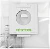 Filtersäck med cirkulär öppning och grön text "FESTOOL", förseglad i genomskinlig plastförpackning.