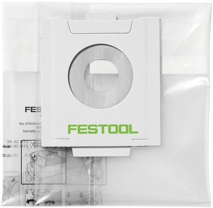 Filtersäck med cirkulär öppning och grön text "FESTOOL", förseglad i genomskinlig plastförpackning.