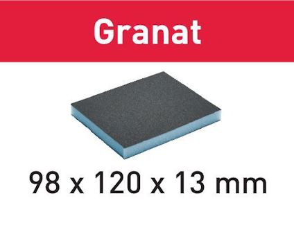 Rektangulär slipsvamp med etiketttexten "Granat" i röd rubrik och måtten 98 x 120 x 13 mm i svart text.