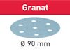 Rund slippapperskiva med sju hål, mot en röd bakgrund med texten "Granat".