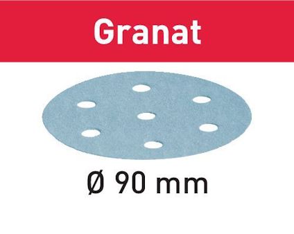 Rund slippapperskiva med sju hål, mot en röd bakgrund med texten "Granat".