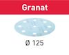 Slippapper i cirkulär form med åtta hål, text "Granat" och "Ø 125" synlig.
