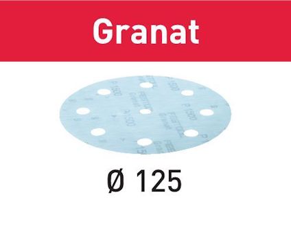 Slippapper i cirkulär form med åtta hål, text "Granat" och "Ø 125" synlig.
