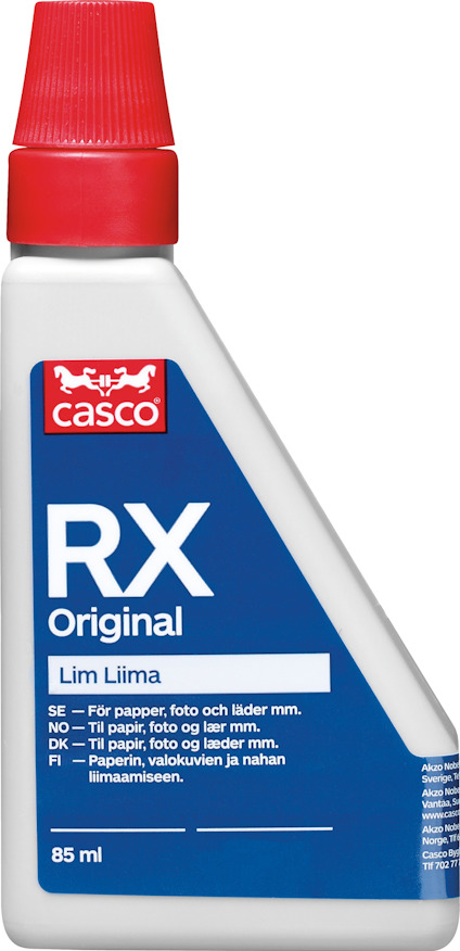 Limtub med röd kork och blå etikett med texten "RX Original" och "casco" logotyp. Kapacitet: 85 ml.