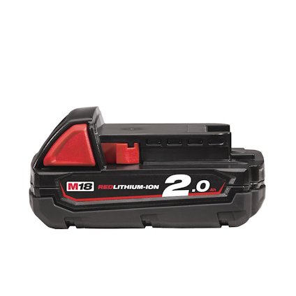 Svart och rött M18 litiumjonbatteri med texten "REDLITHIUM-ION 2.0 Ah" tryckt på sidan.