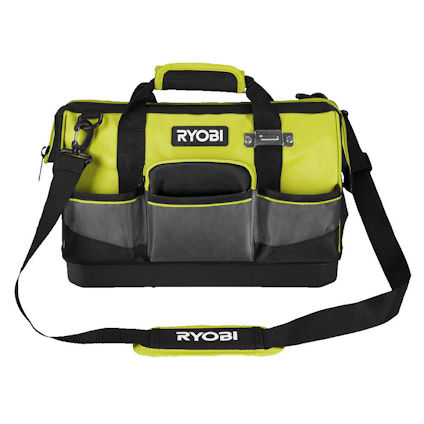 Grön och svart verktygsväska med flera fickor och märket "RYOBI" framtill, axelrem och handtag.