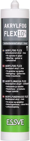 Vit tub märkt "AKRYLFOG FLEX 10%" med text på svenska och logotypen ESSVE längst ner.
