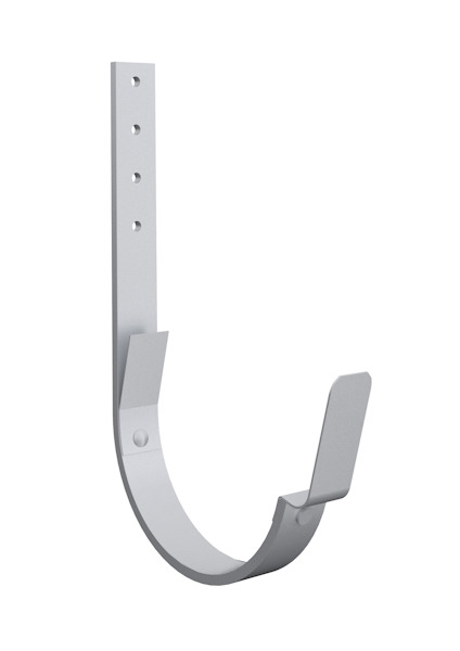 Metallisk krok i silverfärg med flera hål för montering. Designad för att fästa hängrännor.