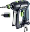 Sladdlös skruvdragare med utbytbara huvuden, märkt "FESTOOL C 18". Grön och svart design med silverdetaljer.