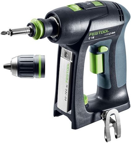 Sladdlös skruvdragare med utbytbara huvuden, märkt "FESTOOL C 18". Grön och svart design med silverdetaljer.