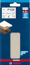 Förpackning sandpapper Bosch P120, 80x133 mm, 10 st, med bild på slipytan och symbol för dammreduktion.