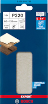 Förpackning av slipnät Bosch P220, 80x133 mm, 10 st, med text "Universal Brand Fit" och "Expert".