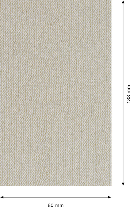 Rektangulärt stycke av ljusgrått tyg med måtten 133 mm x 80 mm.