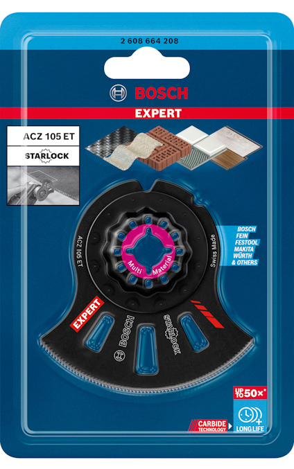 Förpackning med Bosch Expert ACZ 105 ET Starlock sågblad, visar grafik för materialanvändning och hållbarhetssymboler.