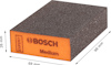 Svart och orange slipblock med texten "BOSCH EXPERT Medium". Mått: 69 mm x 98 mm x 26 mm.