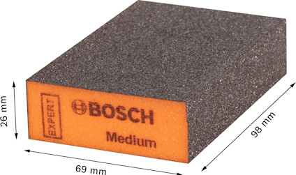 Svart och orange slipblock med texten "BOSCH EXPERT Medium". Mått: 69 mm x 98 mm x 26 mm.