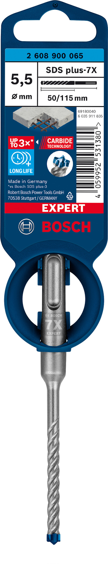 Borrspets med etikett: "Bosch SDS plus-7X, 5,5mm, 50/115mm, 8x50".